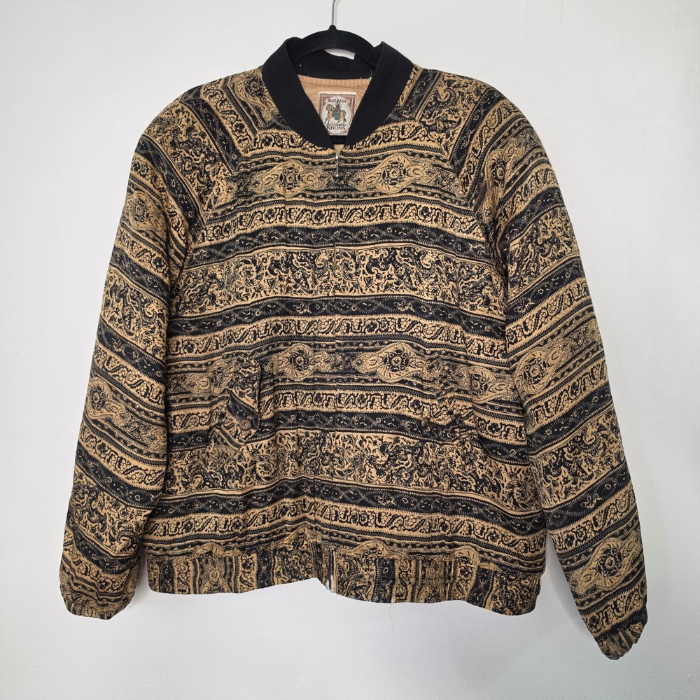 Kriss Kross Jacket Women L Gold Black Silk Bomber Paisley Quilted Vintage Zip Up